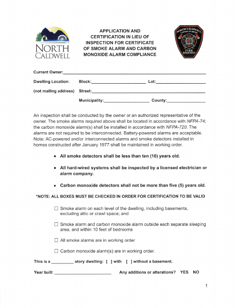 First page of the Application and Certification in Lieu of Inspection for Smoke Alarm and Carbon Monoxide Alarm Compliance