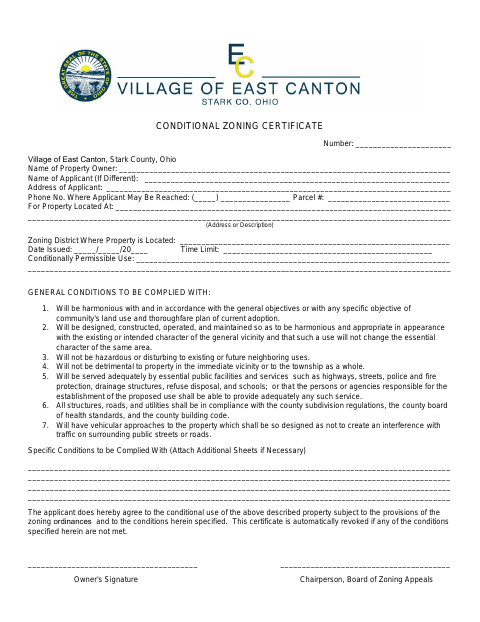 First page of the Conditional Zoning Certificate