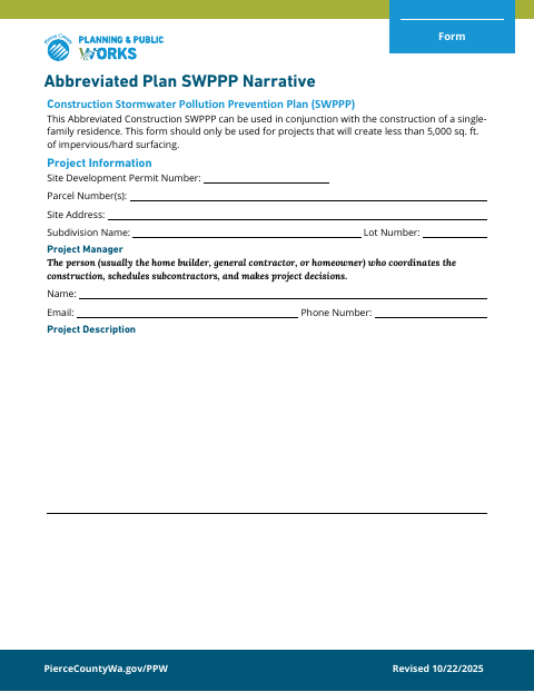 First page of the Stormwater Pollution Prevention Plan (SWPPP) Abbreviated Plan Form