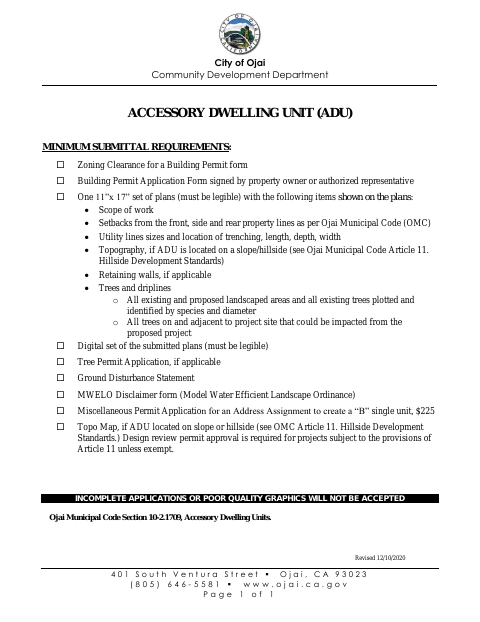 First page of the Accessory Dwelling Unit Application Packet