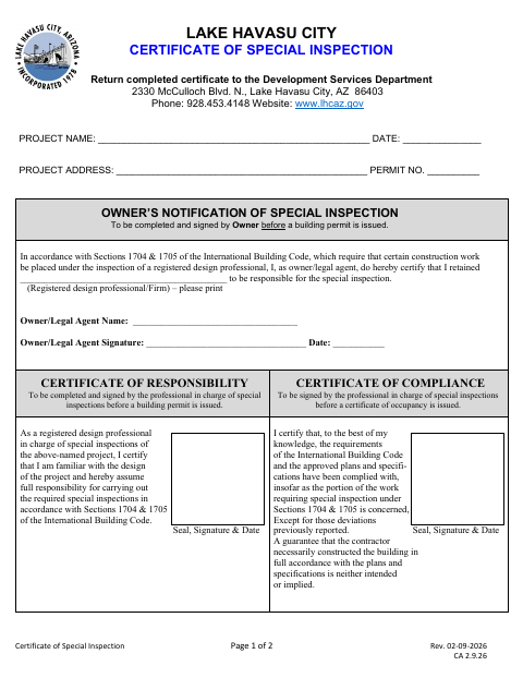 First page of the Certificate of Special Inspection