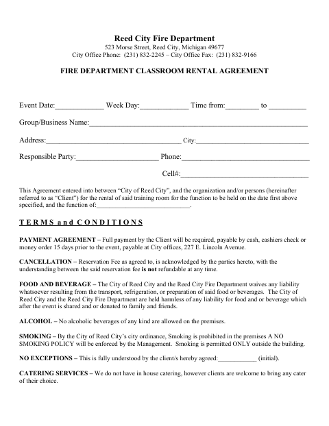 First page of the Fire Department Classroom Rental Agreement