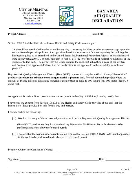 First page of the Bay Area Air Quality Declaration