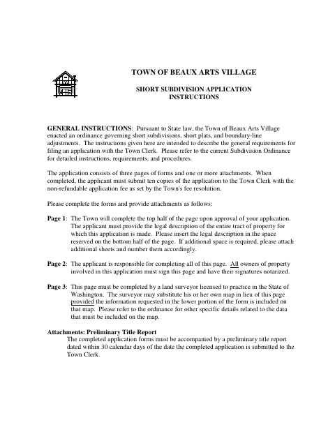 First page of the Short Subdivision Application