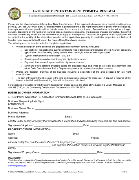 First page of the Late Night Entertainment Permit & Renewal