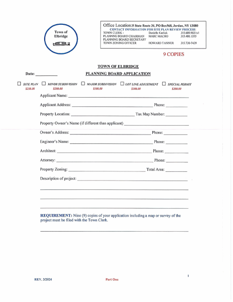First page of the Planning Board Application