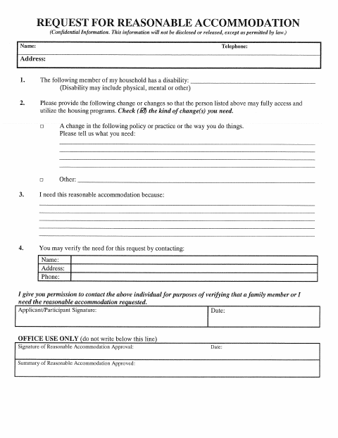 First page of the Reasonable Accommodation Request
