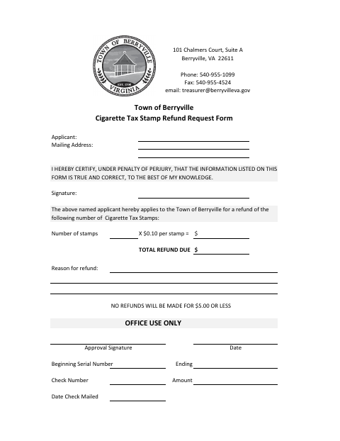 First page of the Cigarette Tax Stamp Refund Request Form