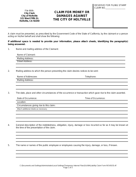 First page of the Liability Claim Form