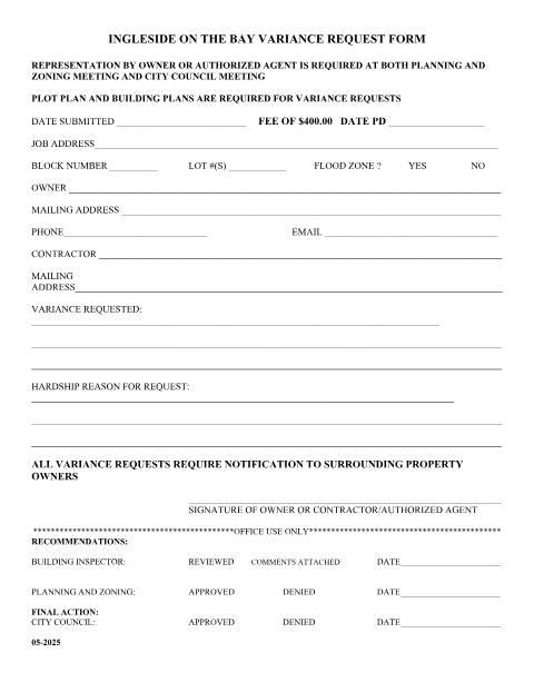 First page of the Variance Request Form