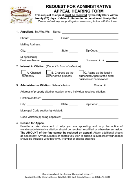 First page of the Request for Administrative Appeal Hearing Form