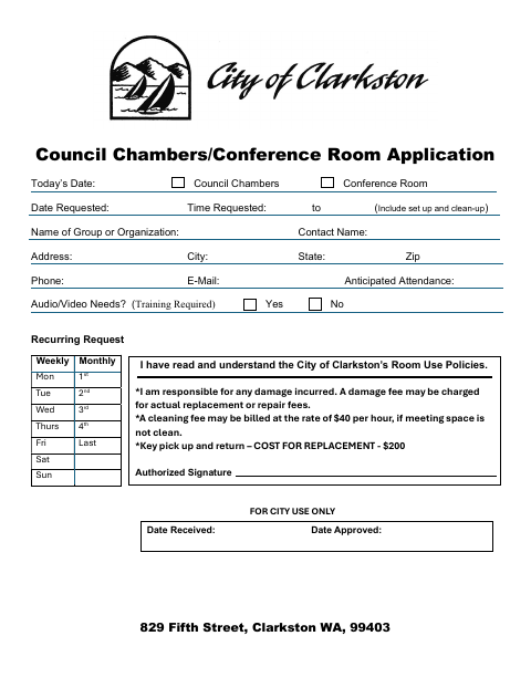 First page of the Council Chambers/Conference Room Application