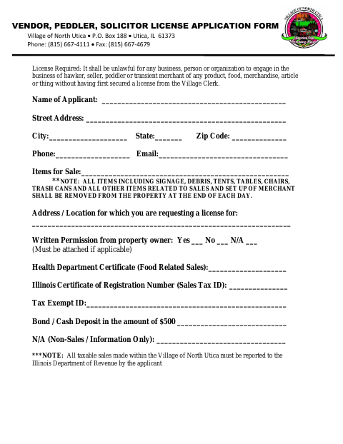 First page of the Vendor, Peddler, Solicitor License Application Form