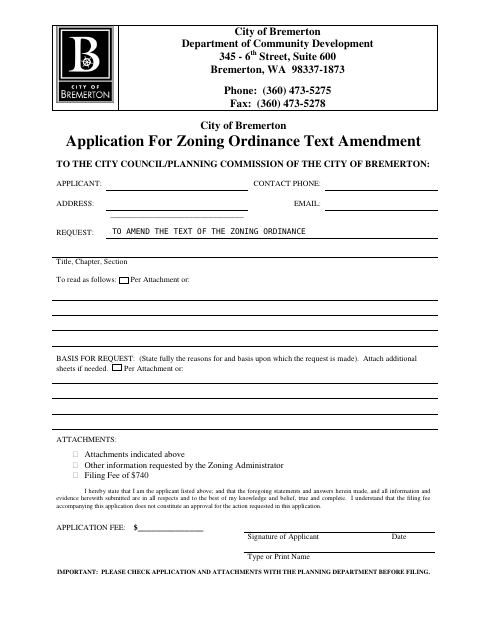 First page of the Application for Zoning Ordinance Text Amendment