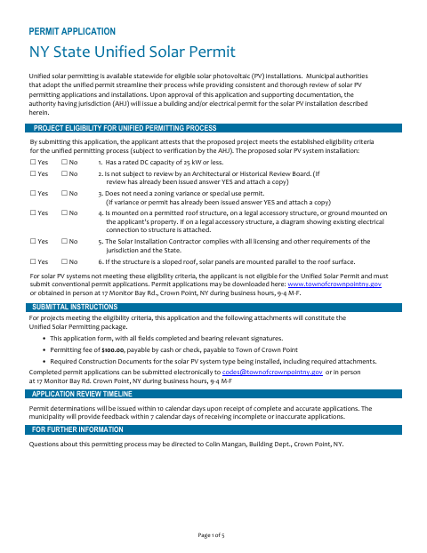 First page of the NY State Unified Solar Permit