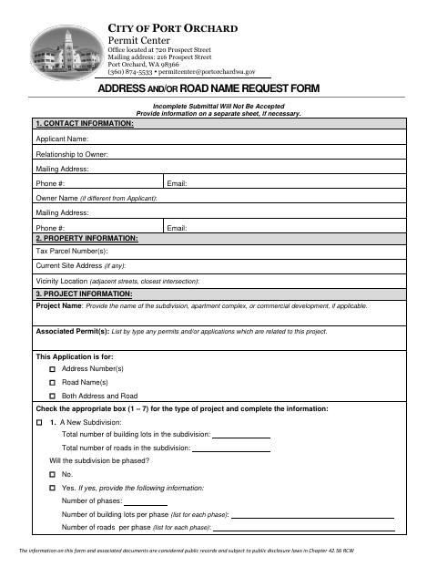 First page of the Address and/or Road Name Request Form