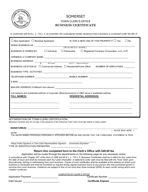 First page of the Business Certificate Application