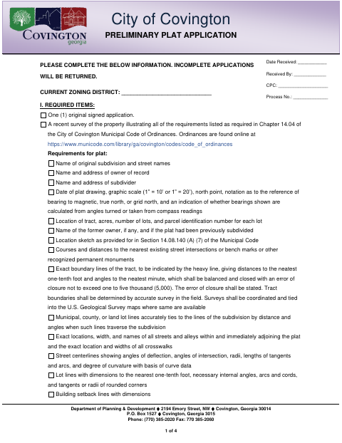 First page of the Preliminary Plat Application