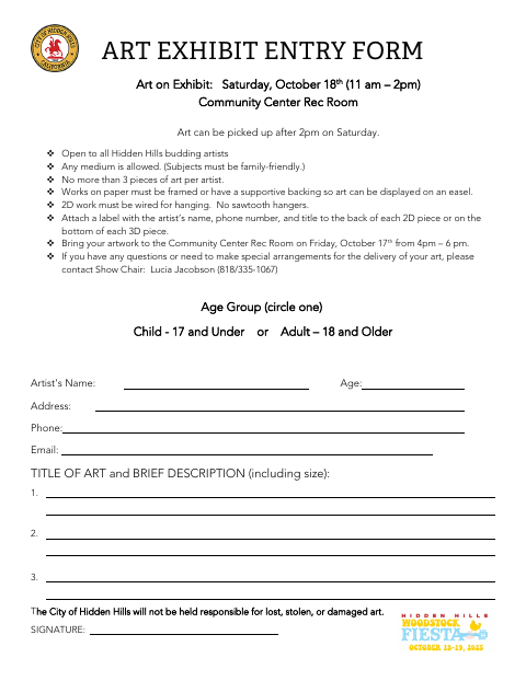First page of the Art Exhibit Entry Form