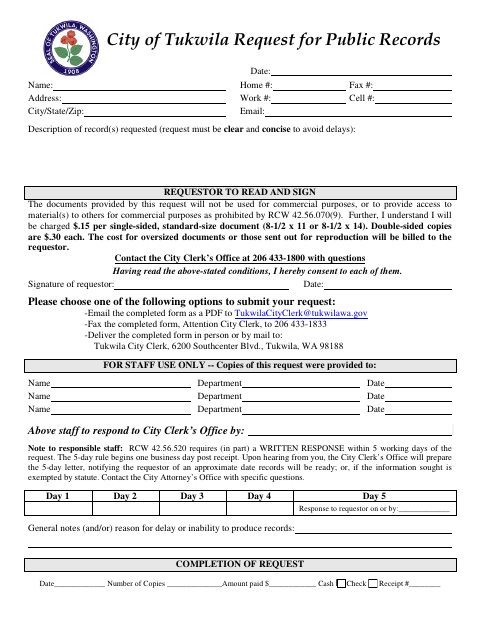 First page of the Request for Public Records