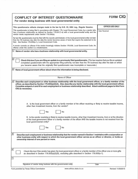 First page of the Conflict of Interest Questionnaire
