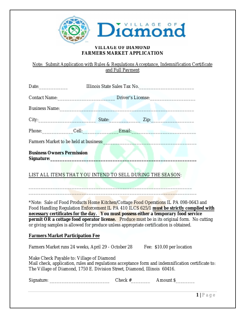 First page of the Farmers Market Application