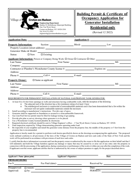 First page of the Building Permit & Certificate of Occupancy Application for Generator Installation