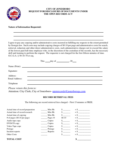 First page of the Request for Disclosure of Documents Under the Open Records Act