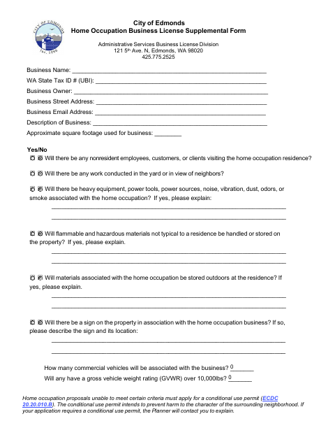 First page of the Home Occupation Business License Supplemental Form