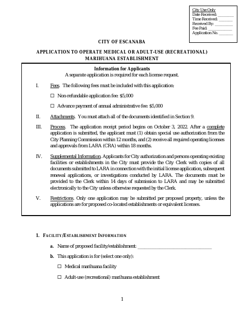 First page of the Application to Operate Medical or Adult-Use Marihuana Establishment