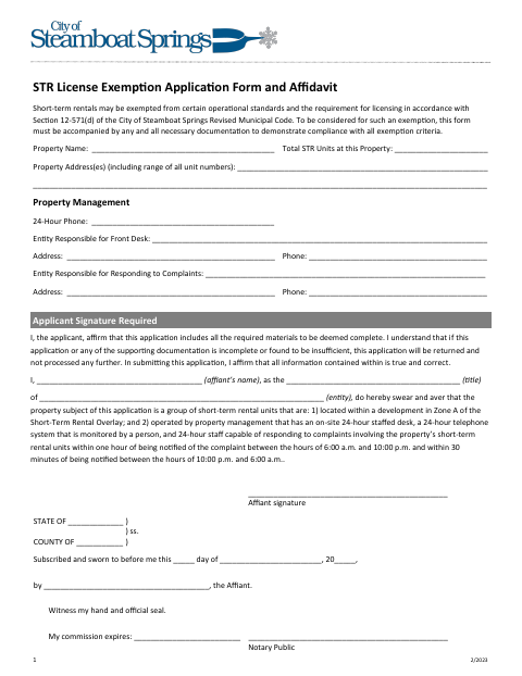 First page of the Short-Term Rental License Exemption Application and Affidavit