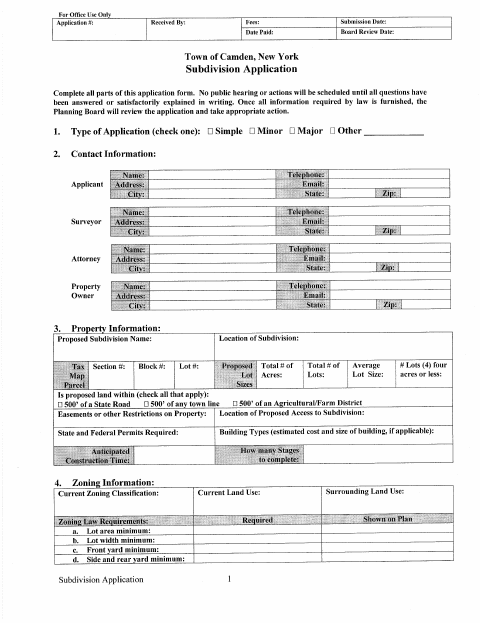 First page of the Subdivision Application