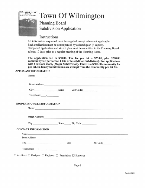 First page of the Subdivision Application