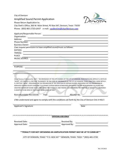 First page of the Amplified Sound Permit Application