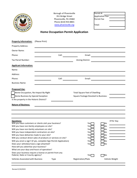 First page of the Home Occupation Permit Application