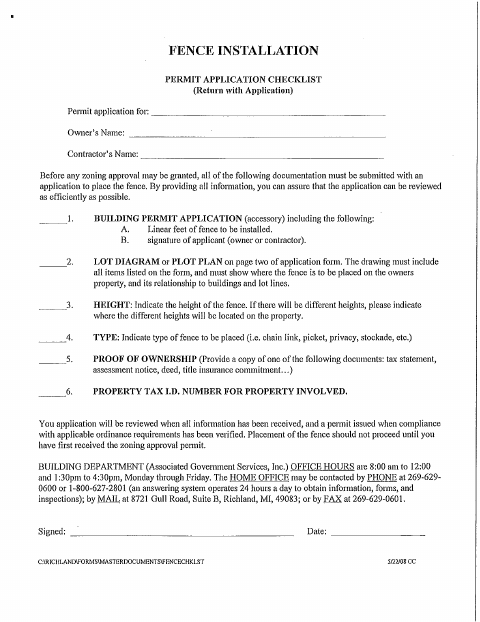 First page of the Fence Installation Permit Application Checklist
