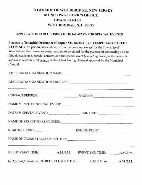 First page of the Application for Closing of Roadways for Special Events