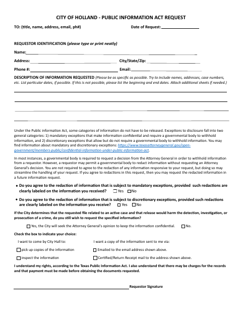 First page of the Public Information Act Request Form