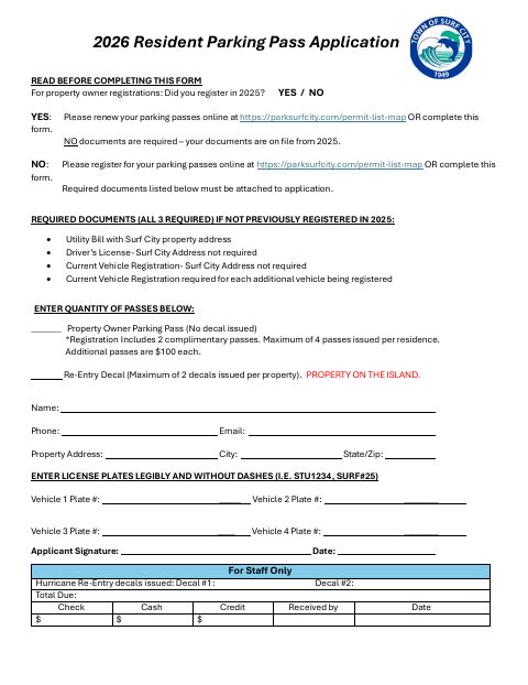 First page of the Resident Parking Pass Application