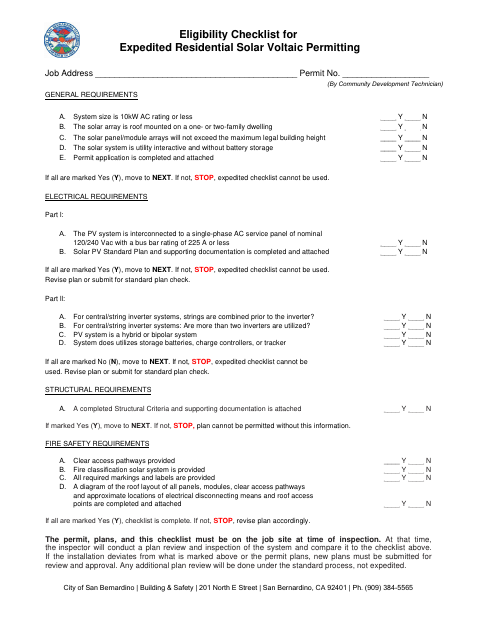 First page of the Eligibility Checklist for Expedited Residential Solar Voltaic Permitting