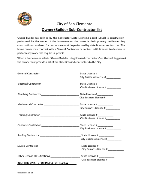 First page of the Owner/Builder Sub-Contractor List