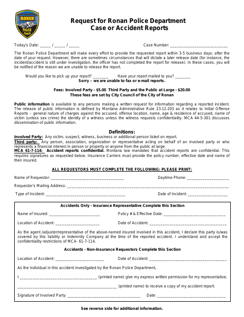 First page of the Police Case or Accident Report Request