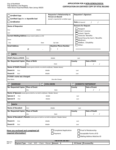 First page of the Application for Non-Genealogical Vital Record