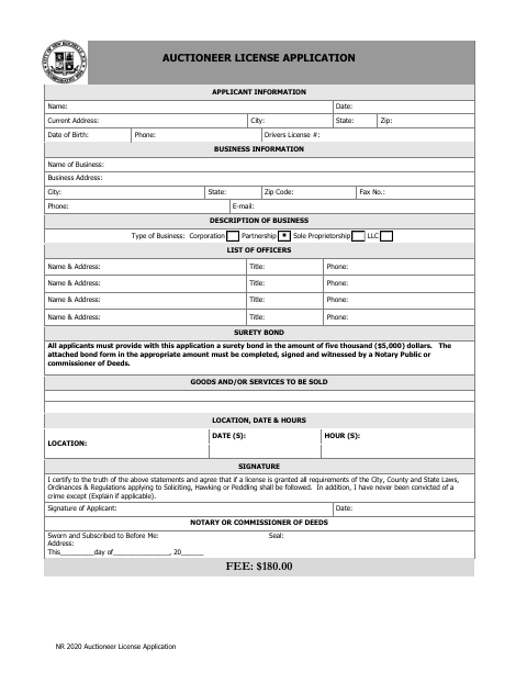 First page of the Auctioneer License Application