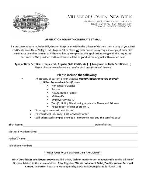 First page of the Birth Certificate Application By Mail