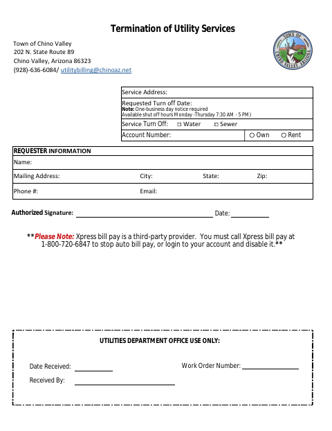 First page of the Termination of Utility Services
