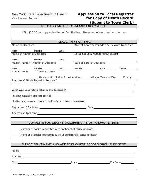 First page of the Application to Local Registrar for Copy of Death Record