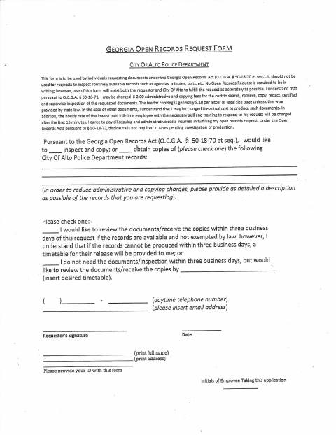 First page of the Open Records Request Form