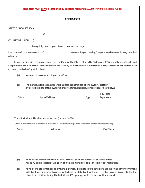 First page of the City Contract Affidavit