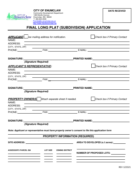 First page of the Final Long Plat (Subdivision) Application